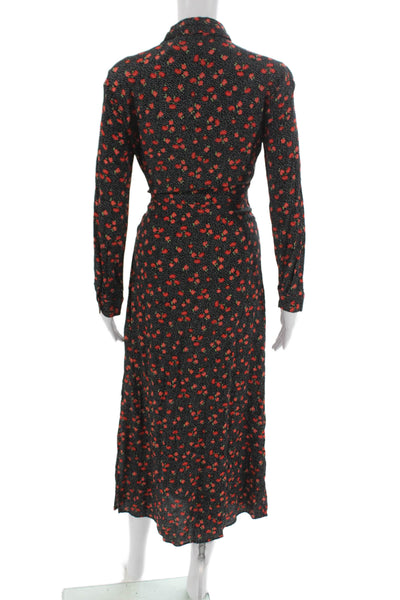 Zara Womens Black Floral Viscose Shirt Dress Long Sleeve Collared Button Size S