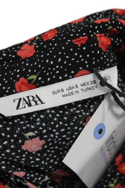 Zara Womens Black Floral Viscose Shirt Dress Long Sleeve Collared Button Size S