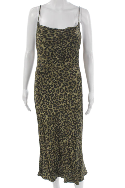 Zara Women Slip Dress Green Animal Print Viscose Cowl Sleeveless Midi Size 2