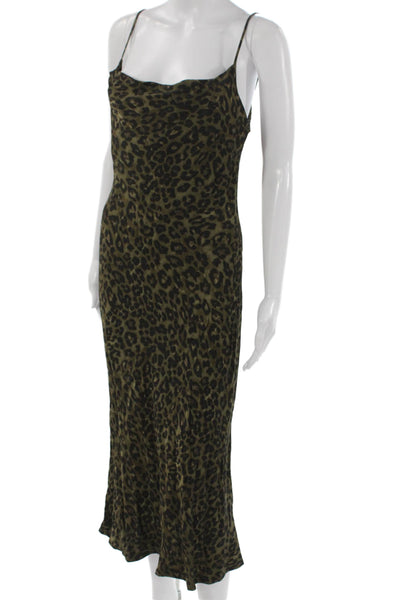 Zara Women Slip Dress Green Animal Print Viscose Cowl Sleeveless Midi Size 2