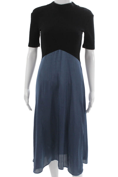 Zara Women Fit & Flare Black Midi Mock Neck Short Sleeve Dress Size S