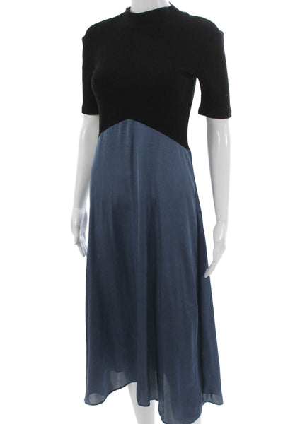 Zara Women Fit & Flare Black Midi Mock Neck Short Sleeve Dress Size S