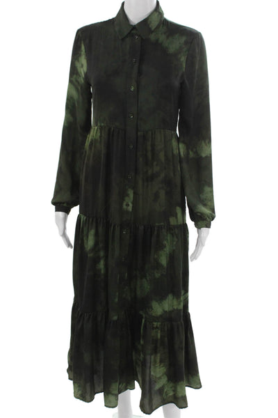 MNG Womens Maxi Tie Dye Collared Long Sleeve Green Polyester Dress Size XS