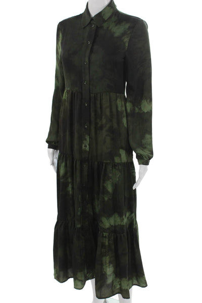 MNG Womens Maxi Tie Dye Collared Long Sleeve Green Polyester Dress Size XS