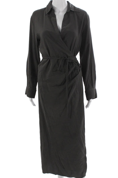 Zara Women Wrap Dress Gray Viscose Collared Long Sleeve Tie Long Size S