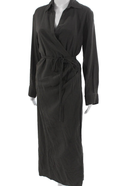 Zara Women Wrap Dress Gray Viscose Collared Long Sleeve Tie Long Size S