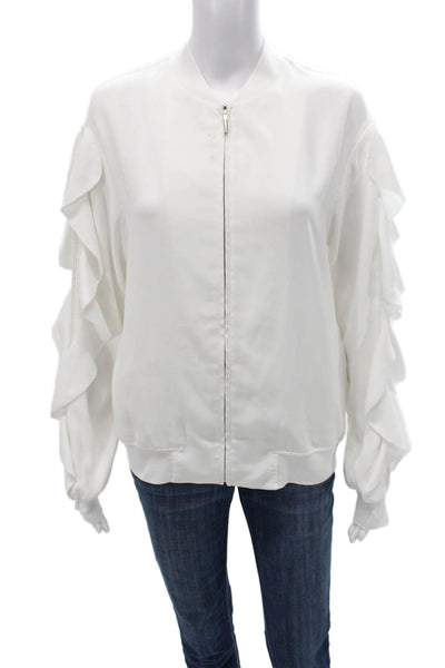 Goen. J Womens Bomber Jacket White V-Neck Zip Polyester Long Sleeve Size 4