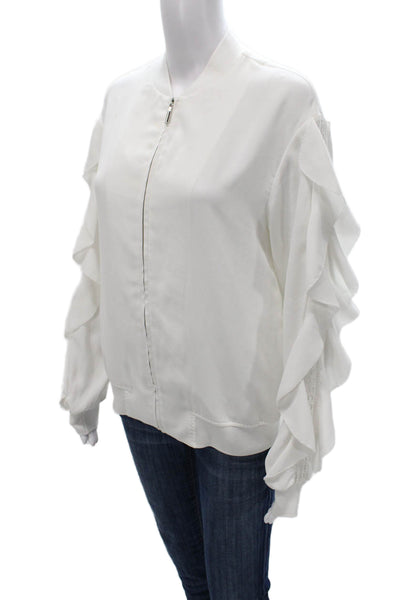 Goen. J Womens Bomber Jacket White V-Neck Zip Polyester Long Sleeve Size 4
