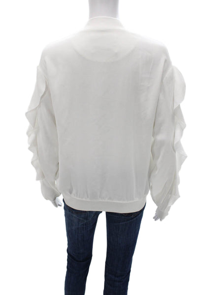 Goen. J Womens Bomber Jacket White V-Neck Zip Polyester Long Sleeve Size 4