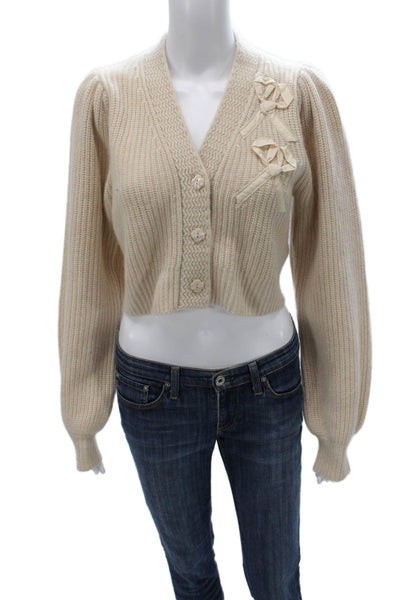 Love Shack Fancy Womens Cream Cashmere V Neck Cardigan Long Sleeve Size S