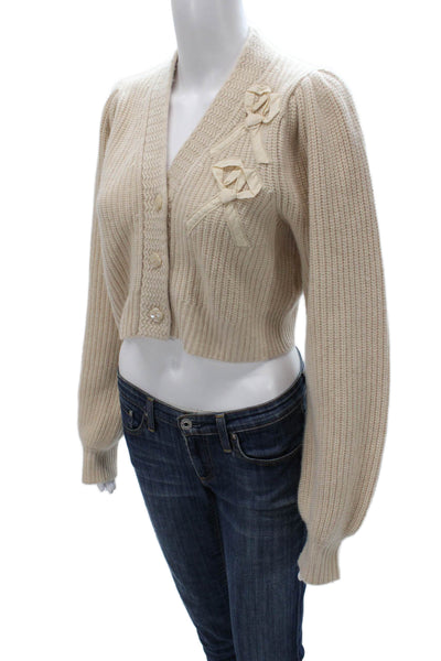 Love Shack Fancy Womens Cream Cashmere V Neck Cardigan Long Sleeve Size S