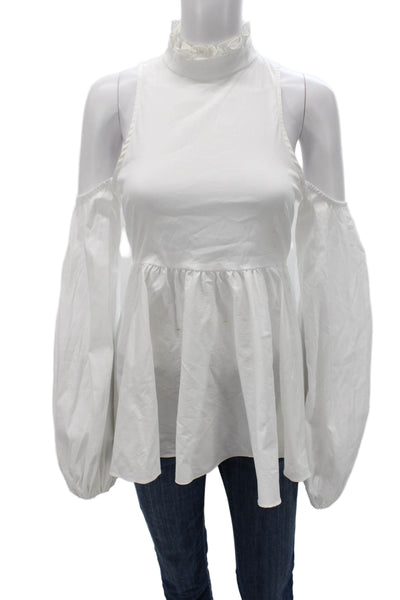 Caroline Constas Women Peplum Blouse White Cotton Mock Neck Long Sleeve Size S