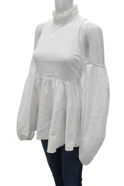 Caroline Constas Women Peplum Blouse White Cotton Mock Neck Long Sleeve Size S