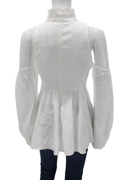 Caroline Constas Women Peplum Blouse White Cotton Mock Neck Long Sleeve Size S