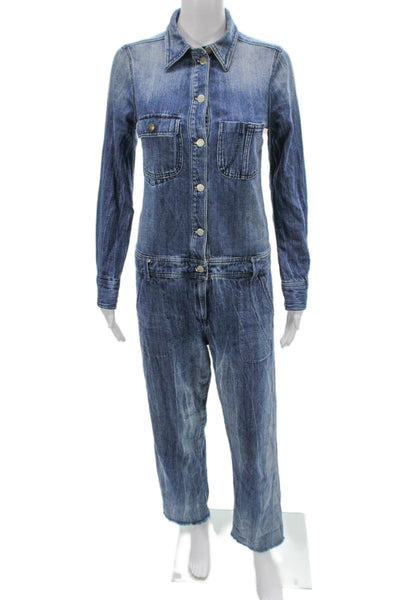 J Crew Women Collared Button Long Sleeve Cotton Jumpsuit Blue Size XS
