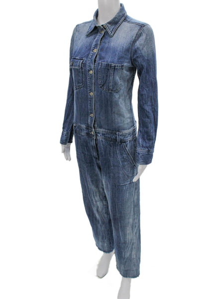 J Crew Women Collared Button Long Sleeve Cotton Jumpsuit Blue Size XS