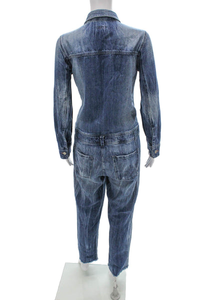 J Crew Women Collared Button Long Sleeve Cotton Jumpsuit Blue Size XS