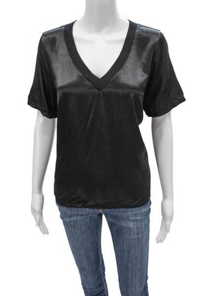 Michael Stars Women Basic V-Neck Rayon Short Sleeve Blouse Black Size L