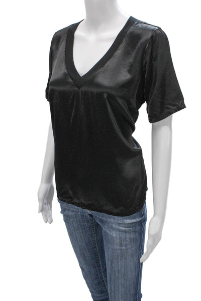 Michael Stars Women Basic V-Neck Rayon Short Sleeve Blouse Black Size L
