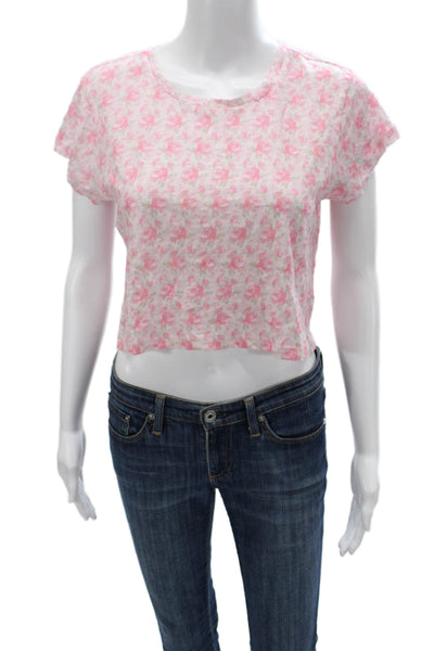 Love Shack Fancy Women Cropped T-Shirt Pink Floral Short Sleeve Size S