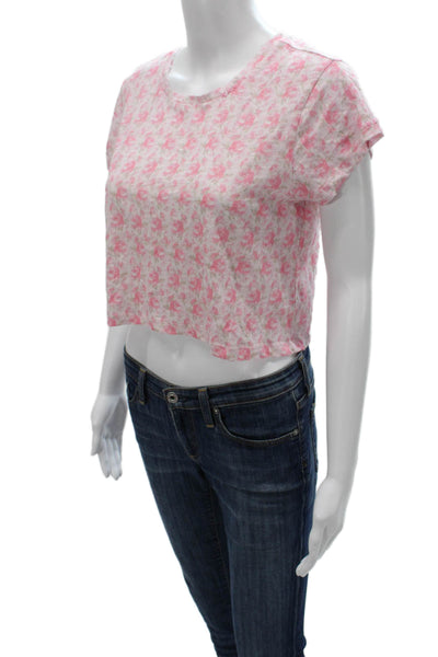 Love Shack Fancy Women Cropped T-Shirt Pink Floral Short Sleeve Size S