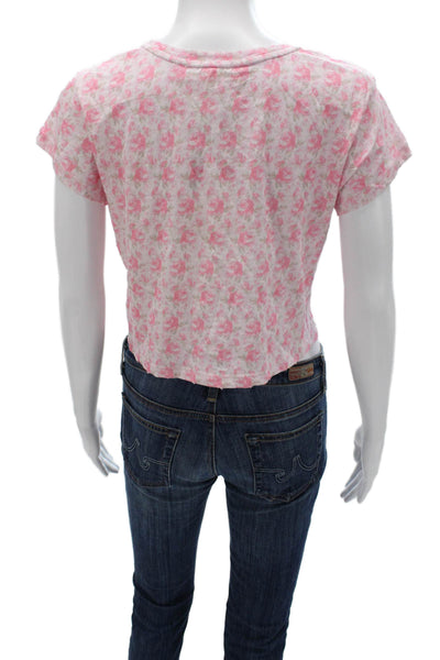 Love Shack Fancy Women Cropped T-Shirt Pink Floral Short Sleeve Size S