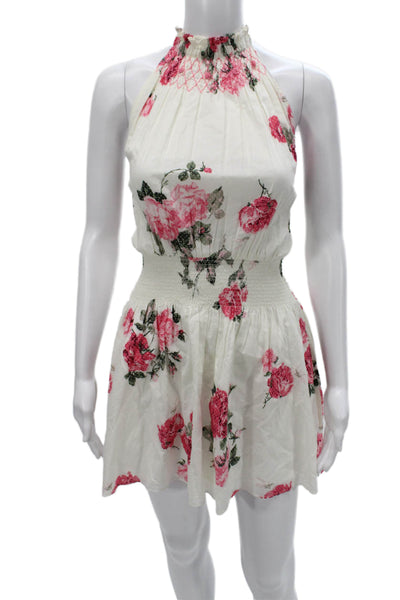 Love Shack Fancy Women Floral Halter Mini Cotton Dress White Sleeveless Size M
