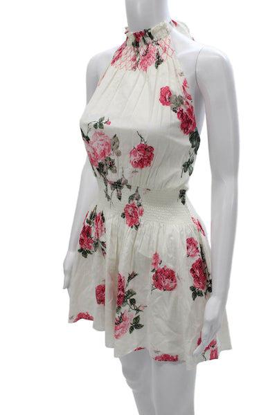 Love Shack Fancy Women Floral Halter Mini Cotton Dress White Sleeveless Size M