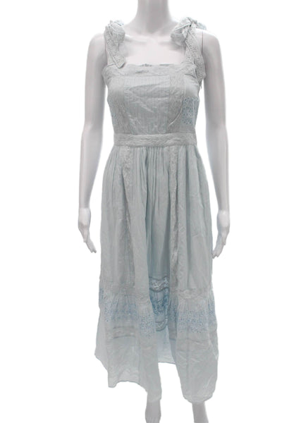 Love Shack Fancy Womens A-Line Floral Midi Dress Blue Cotton Square Neck Size 0