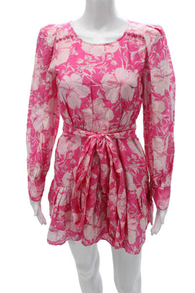 Love Shack Fancy Women Mini Floral Cotton Dress Long Sleeve Pink Size 4