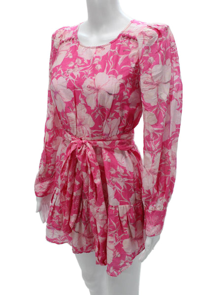 Love Shack Fancy Women Mini Floral Cotton Dress Long Sleeve Pink Size 4