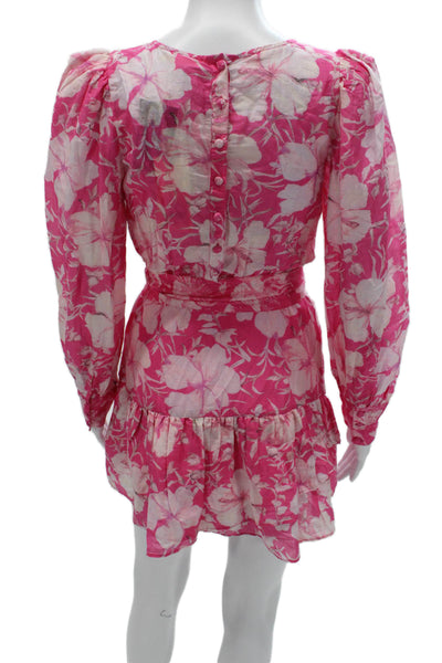 Love Shack Fancy Women Mini Floral Cotton Dress Long Sleeve Pink Size 4