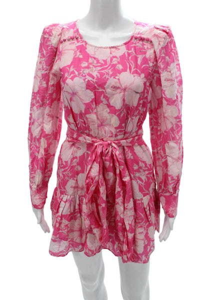Love Shack Fancy Women Pink Floral Cotton Long Sleeve Mini Dress Size 2