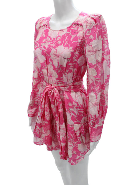 Love Shack Fancy Women Pink Floral Cotton Long Sleeve Mini Dress Size 2