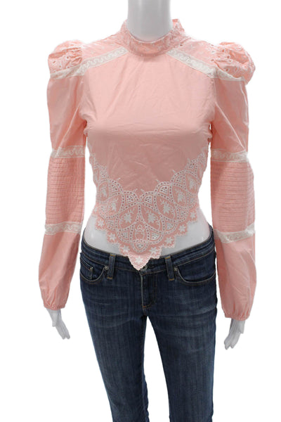 Love Shack Fancy Women Cropped Pink Cotton Mock Neck Long Sleeve Blouse Size XS