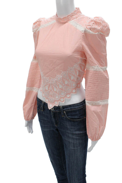 Love Shack Fancy Women Cropped Pink Cotton Mock Neck Long Sleeve Blouse Size XS