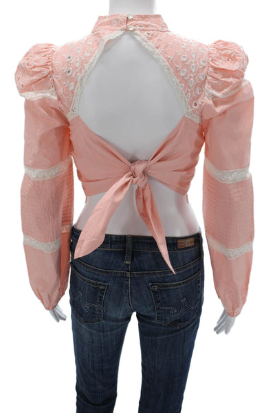 Love Shack Fancy Women Cropped Pink Cotton Mock Neck Long Sleeve Blouse Size XS
