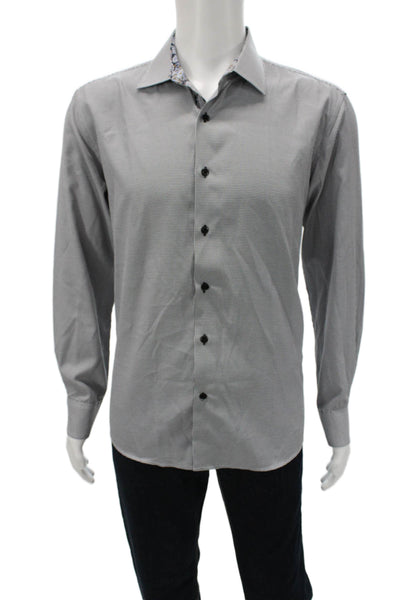 Elie Balleh Mens Gray Check Cotton Button-Up Dress Shirt Long Sleeve Size 15