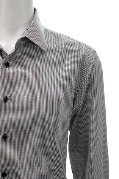 Elie Balleh Mens Gray Check Cotton Button-Up Dress Shirt Long Sleeve Size 15
