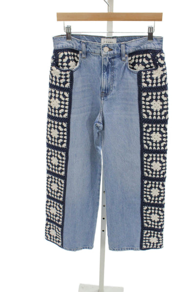 Frame Women Straight Jeans Blue Mid Rise Geometric Cotton Size 26