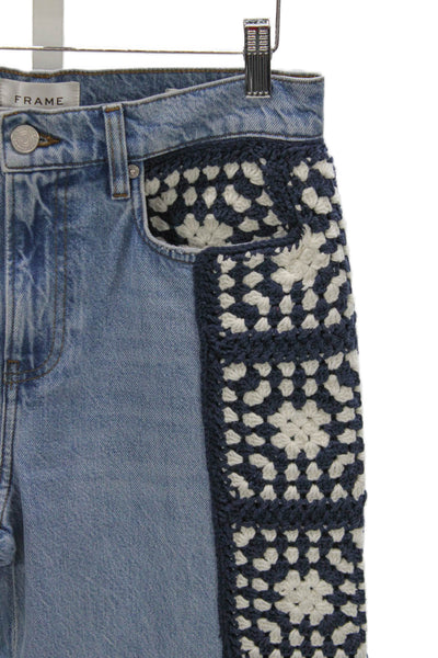 Frame Women Straight Jeans Blue Mid Rise Geometric Cotton Size 26