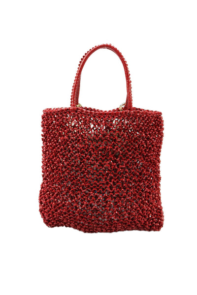 Anteprima Womens Double Handle Mini Woven PVC Tote Handbag Red White Black