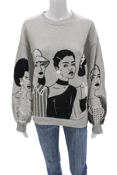 Zara Womens Gray Graphic Cotton Blend Crewneck Pullover Long Sleeve Size M
