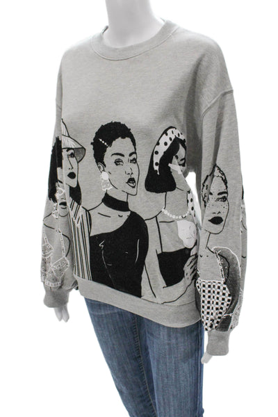 Zara Womens Gray Graphic Cotton Blend Crewneck Pullover Long Sleeve Size M