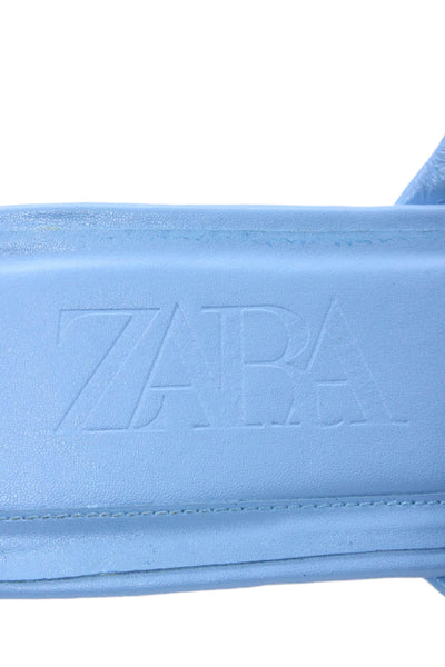 Zara Womens Leather Cross Strap Slide On Sandals Sky Blue Size 40 10