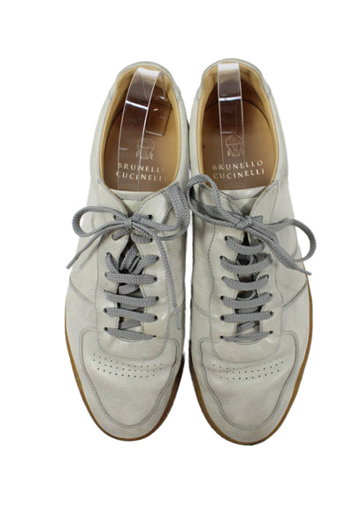 Brunello Cucinelli Mens Leather Low Top Lace Up Sneakers Off White Size 43.5