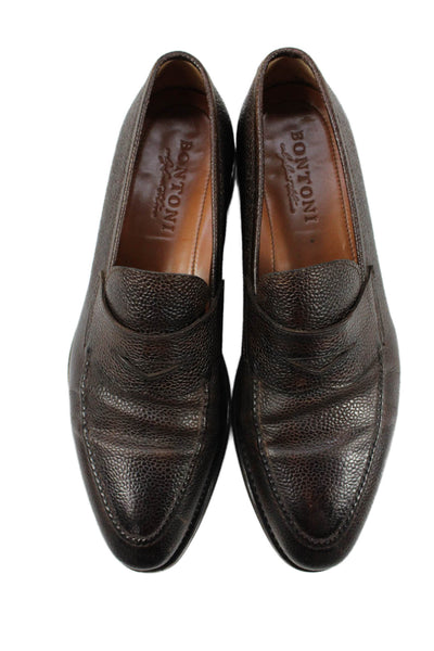 Bontoni Mens Pebbled Leather Slide On Dress Shoe Loafers Brown Size 10.5