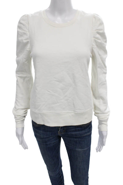Leallo Women Pullover Sweatshirt White Cotton Crew Neck Long Sleeve Size S