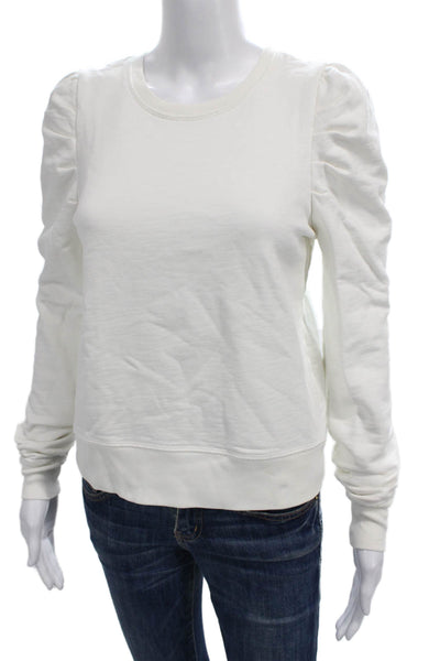 Leallo Women Pullover Sweatshirt White Cotton Crew Neck Long Sleeve Size S