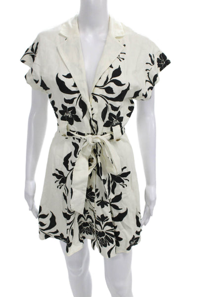 Zara Womens White Linen Floral Collared Playsuit Short Sleeve Tie Waist Size XS